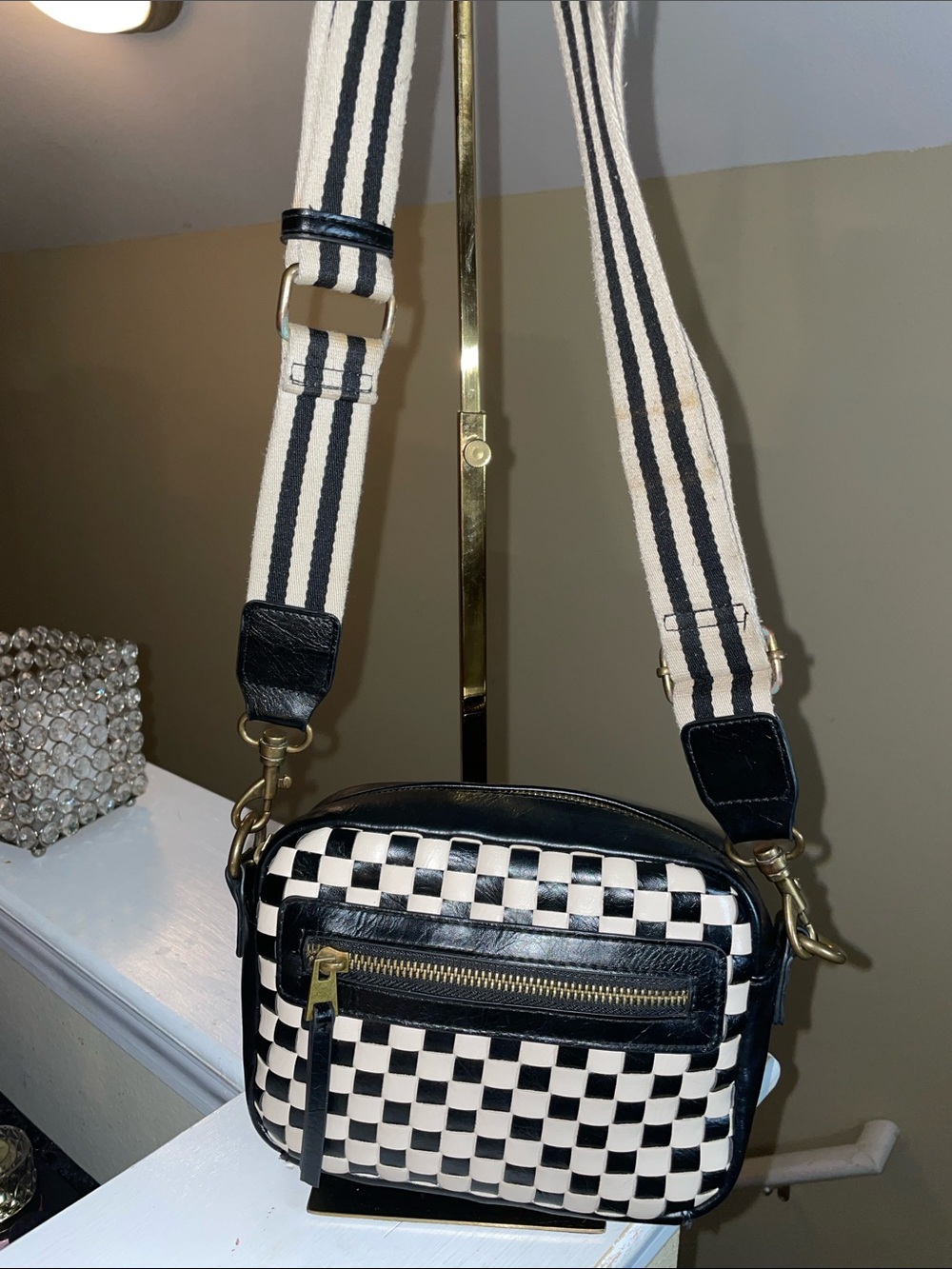 Universal Thread Black and Cream Checkerboard Crossbody Bag with Striped Strap